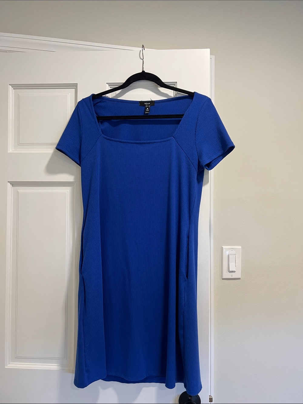 Aqua Royal Blue Square-Neck Short Sleeve Dress